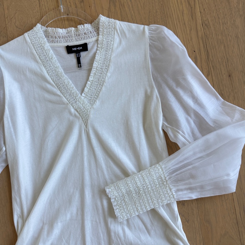 ME+EM Fluid Balloon Sleeve Blouse Womens Size 6 Cream Smocked V-Neck AW24JT149
